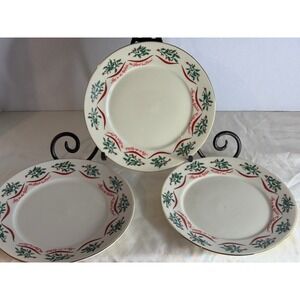 Dicksons Christmas Plates Set of 3 Joy to‎ the World Holly Ribbon Gold Rim